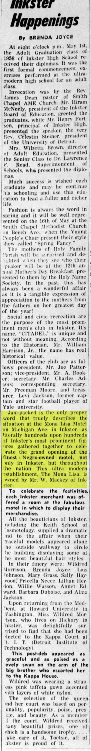 Mona Lisa Motel - May 1958 Article On Opening